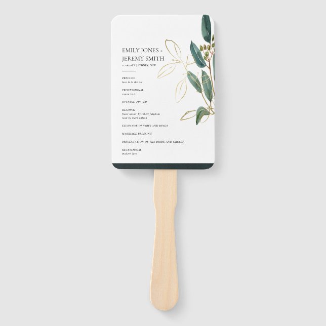 EUCALYPTUS GREEN GOLD FOLIAGE WEDDING PROGRAMM FÄCHER (Vorderseite)