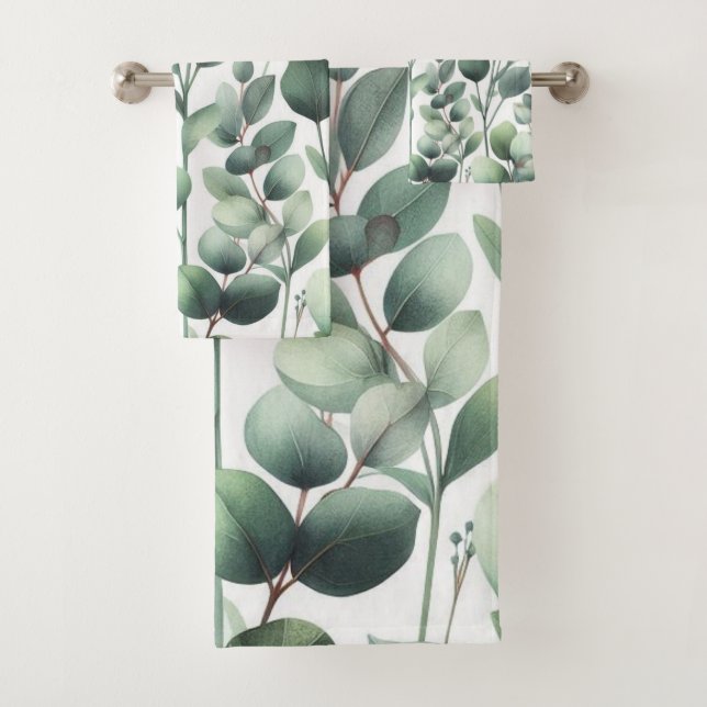 Eucalyptus Green Leaf Print Sot 3-teilig Badhandtuch Set (Insitu)
