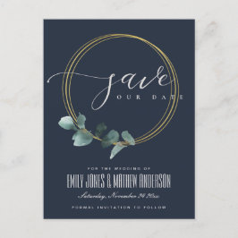 EUCALYPTUS GREEN NAVY FOLIAGE WREATH SAVE THE DATE ANKÜNDIGUNGSPOSTKARTE