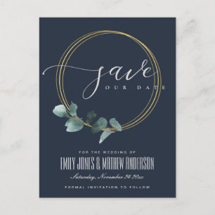EUCALYPTUS GREEN NAVY FOLIAGE WREATH SAVE THE DATE ANKÜNDIGUNGSPOSTKARTE
