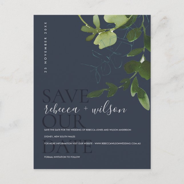 EUCALYPTUS GREEN NAVY WATERCOLOR SAVE THE DATE ANKÜNDIGUNGSPOSTKARTE (Vorderseite)
