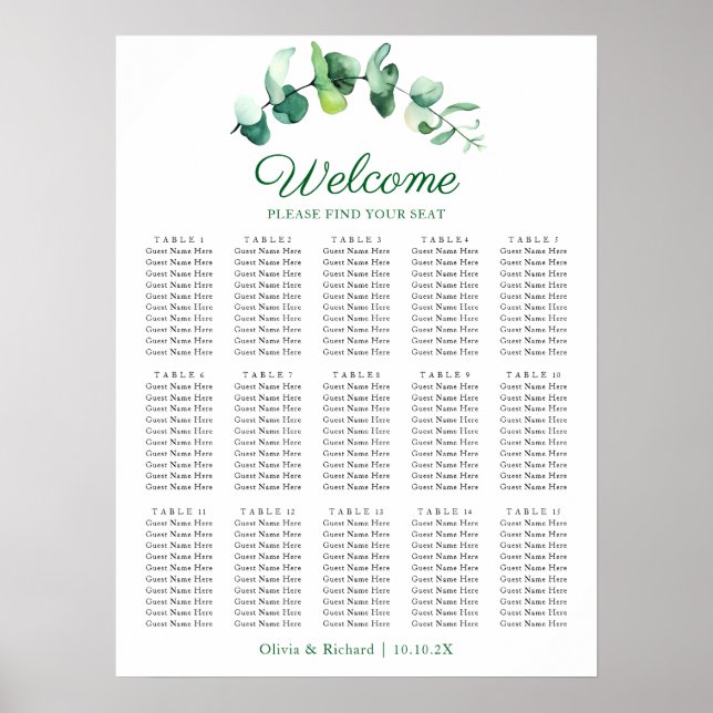 Eucalyptus Greenery 15 Table Wedding Seating Chart Poster (Vorne)
