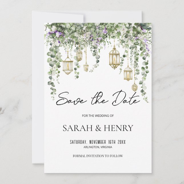 Eucalyptus Greenery and Gold Lantern Wedding Einladung (Vorderseite)