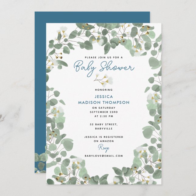 Eucalyptus Greenery Baby Boy Blue Baby Shower Einladung (Vorne/Hinten)