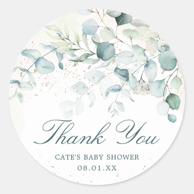 Eucalyptus Greenery Baby Shower Vielen Dank Runder Aufkleber (Vorderseite)