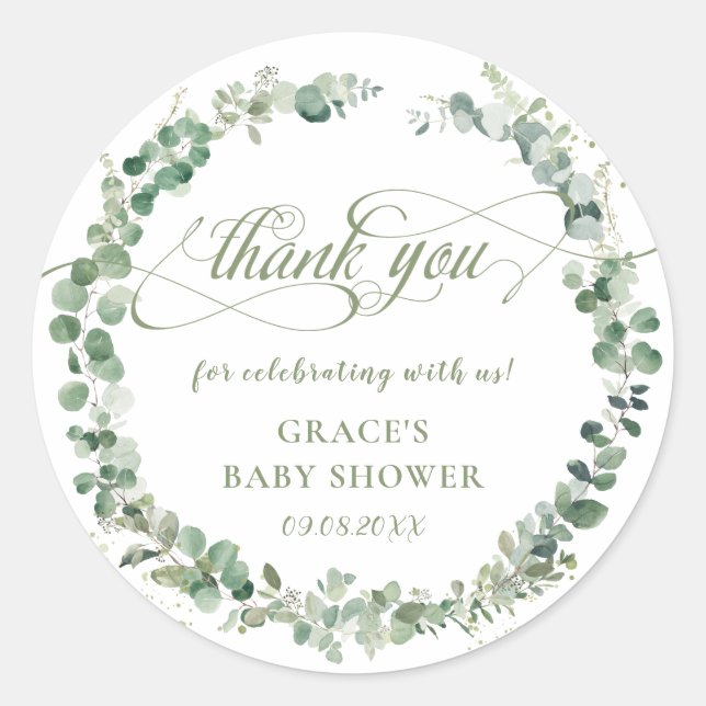 Eucalyptus Greenery Baby Shower Vielen Dank Runder Aufkleber (Vorderseite)