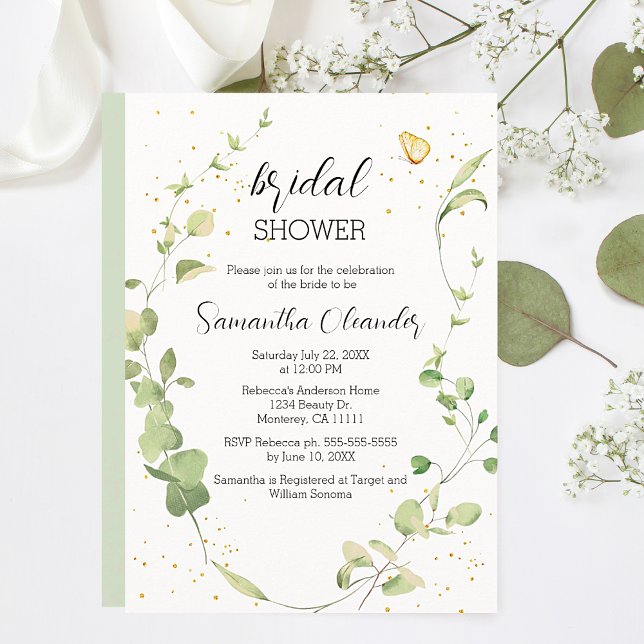 Eucalyptus Greenery Boho Brautparty Einladung (Elegant Eucalyptus Greenery with Gold Sparkles and Butterfly Bridal Shower Invitations.)