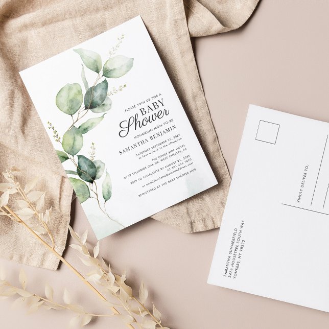 Eucalyptus Greenery Boy Baby Shower Einladungspostkarte (Eucalyptus Baby Shower Invitation Postcard)