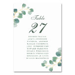 Eucalyptus Greenery Elegant Wedding Guest Name Tischnummer<br><div class="desc">Eukalyptus Greenery Green Foliage Moderne elegante Summer Wedding Tischnummer mit Gästennamen. Alle Texte sind so vorbereitet,  dass Sie sie einfach und schnell mit Ihren eigenen Details personalisieren können.</div>