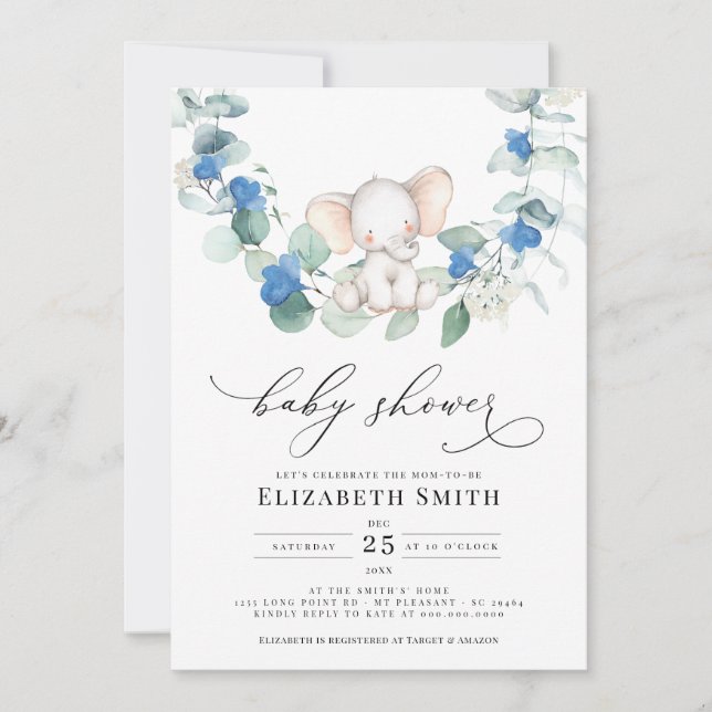 Eucalyptus Greenery Elephant Blue Baby Boy Shower Einladung (Vorderseite)