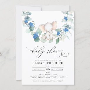 Eucalyptus Greenery Elephant Blue Baby Boy Shower Einladung
