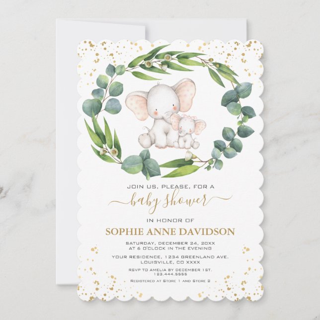 Eucalyptus Greenery Elephant Girl Baby Shower Einladung (Vorderseite)