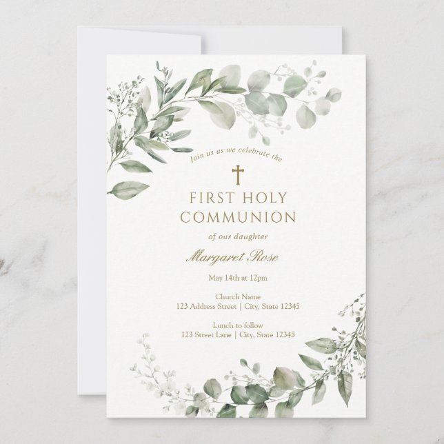 Eucalyptus Greenery First Communion Religious Einladung (Vorderseite)