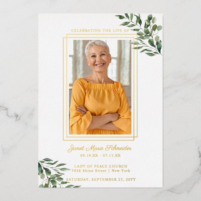 Eucalyptus Greenery | Funeral Memorial Photo Folieneinladung (Vorderseite)