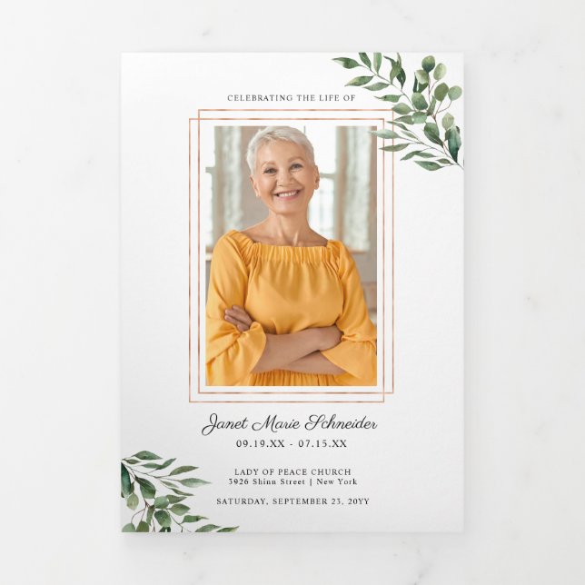 Eucalyptus Greenery | Funeral Memorial Program Dreifach Gefaltete Ankündigung (Cover)