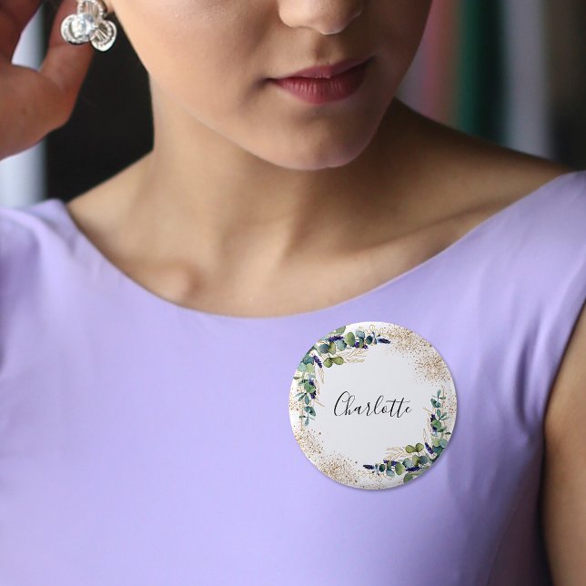 Eucalyptus greenery glitter name tag button (Von Creator hochgeladen)