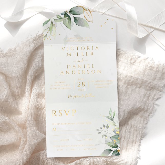 Eucalyptus Greenery Gold Leaves Botanical Wedding All-in-One-Einladung (Von Creator hochgeladen)