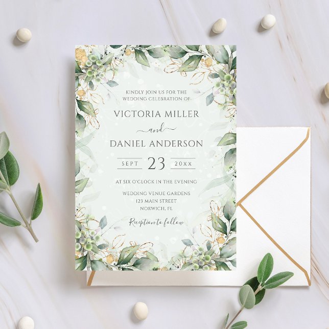 Eucalyptus Greenery Gold Leaves Elegant Wedding Einladung (Von Creator hochgeladen)