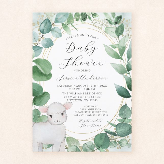 Eucalyptus Greenery Lamb Baby Shower Einladung (Von Creator hochgeladen)