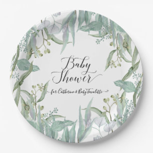 Eucalyptus Greenery Watercolor Foliage Babydusche Pappteller