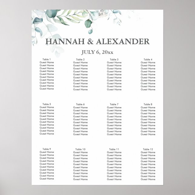 Eucalyptus Greenery Wedding Seating Chart Poster (Vorne)