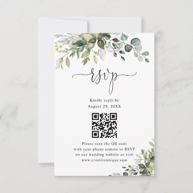 Eucalyptus-Hochzeitswebsite QR-Code RSVP  Karte (Vorderseite)