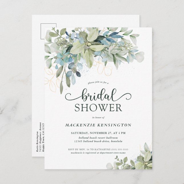 Eucalyptus Hübsch Script Bridal Dusche Einladung (Vorne/Hinten)