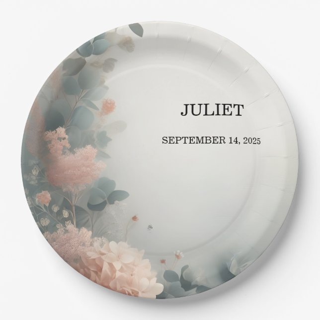 Eucalyptus Lace Tulle Dusty Blue Brautparty Pappteller (Vorderseite)