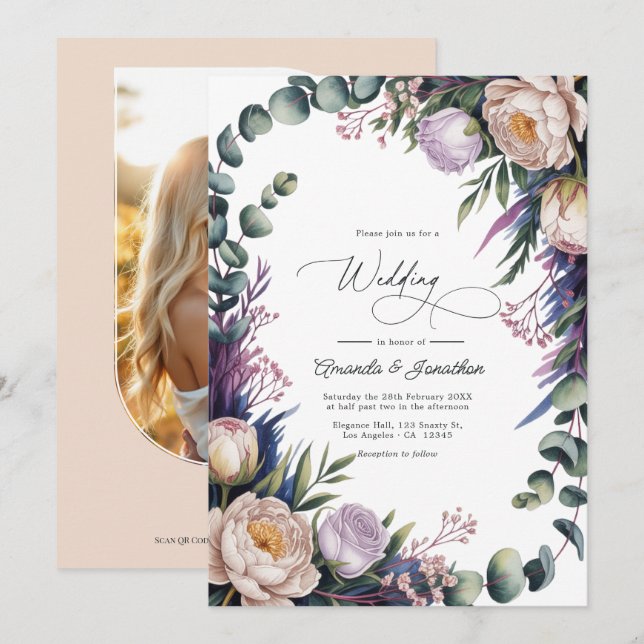 Eucalyptus, Lavender & Champagne Blush Wedding Einladung (Vorne/Hinten)