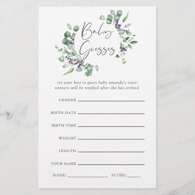 Eucalyptus Lavender Greenery Baby Shower Game (Vorderseite)