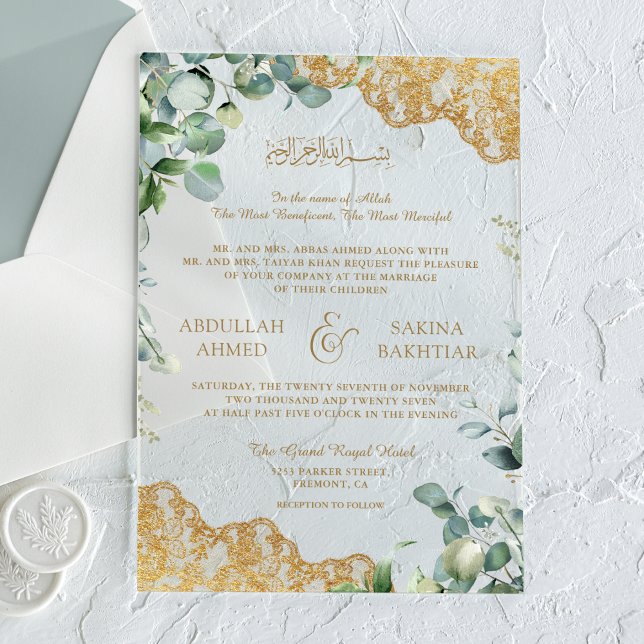 Eucalyptus Leaves Gold Lace Muslim Wedding Acryleinladungen (Von Creator hochgeladen)