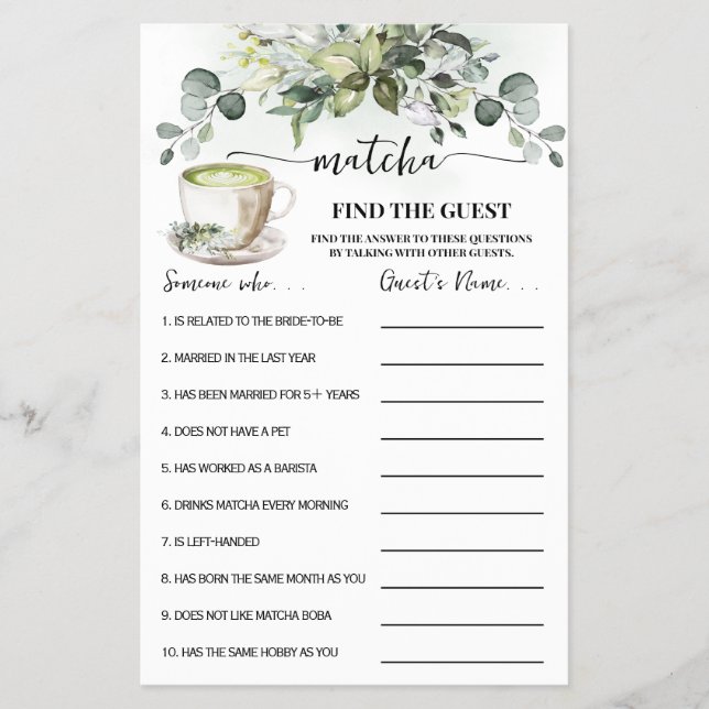 Eucalyptus Matcha Find the Guest Shower Game Card Flyer (Vorne)