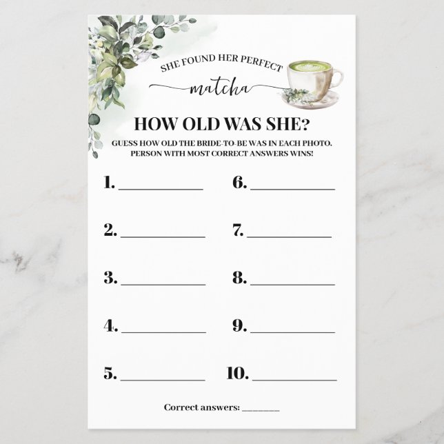 Eucalyptus Matcha How old was She Shower Game Card Flyer (Vorne)