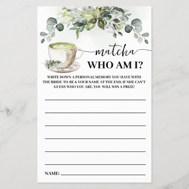 Eucalyptus Matcha Who am I Bridal Shower Game Card Flyer (Vorne)