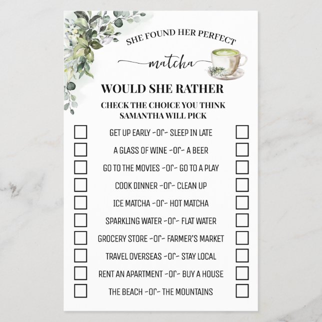 Eucalyptus Matcha Would She Rather Shower Game Flyer (Vorne)
