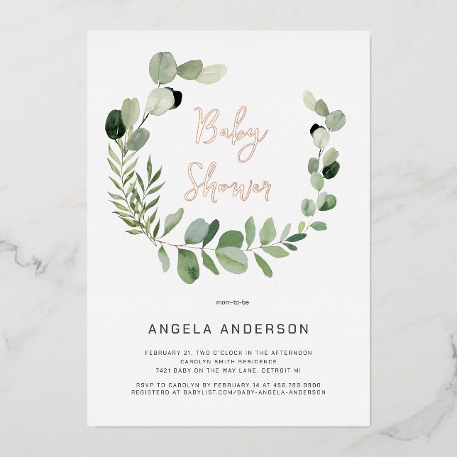 Eucalyptus Moderne Einfachheit Kinderdusche Rose F Folieneinladung (Vorderseite)