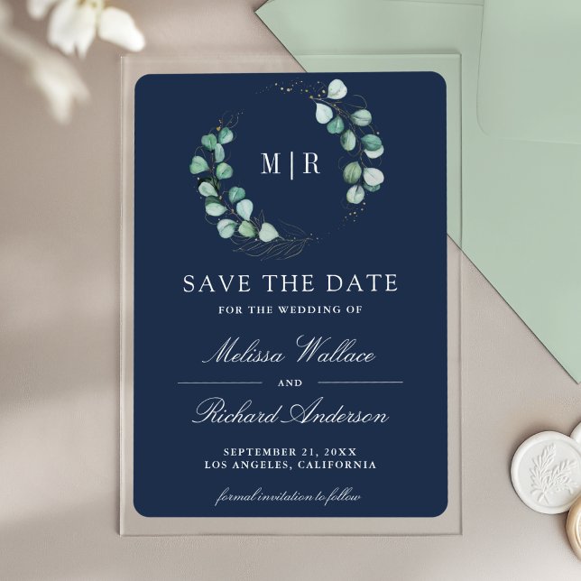 Eucalyptus Monogram Navy Wedding Save the Date Acryleinladungen (Von Creator hochgeladen)