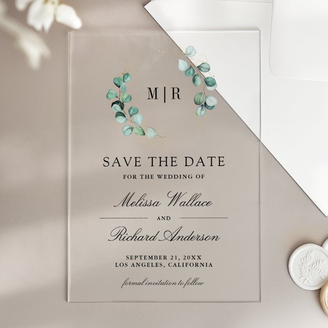 Eucalyptus Monogram Wedding Save the Date Acryleinladungen (Von Creator hochgeladen)