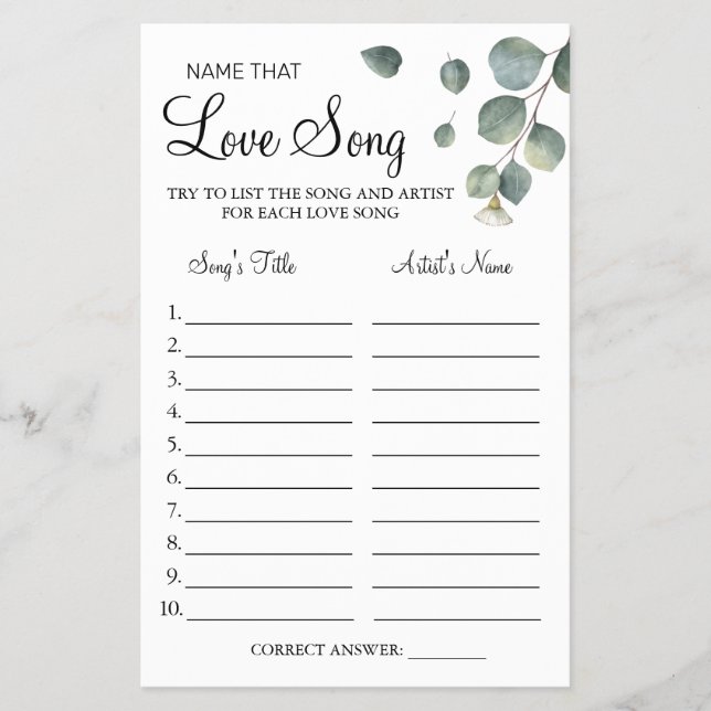 Eucalyptus Name that love song shower game card Flyer (Vorne)