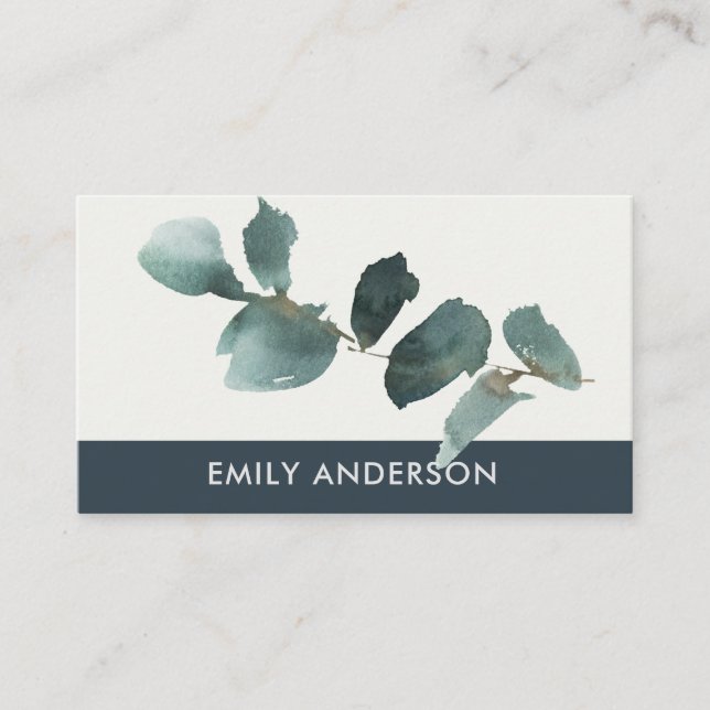 EUCALYPTUS NAVY KRAFT FOLIAGE BRANCH WATERCOLLE VISITENKARTE (Vorderseite)