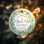Eucalyptus Newlyweds 1. Weihnachtsfrau & Mrs. Keramik Ornament<br><div class="desc">Für die Frau und Frau Lesbian Newlyweds. Passen Sie die Text- und Hintergrundfarbe für Ihre Veranstaltung an. Eukalyptus Aquarellkranz kann skaliert oder entfernt werden. Foto hinten.</div>