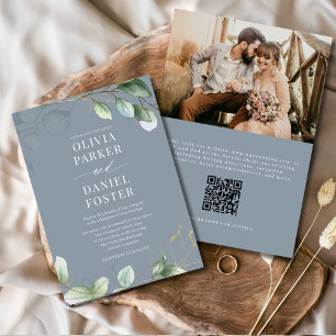 Eucalyptus QR Code Dusty Blue Foto Wedding Einladung
