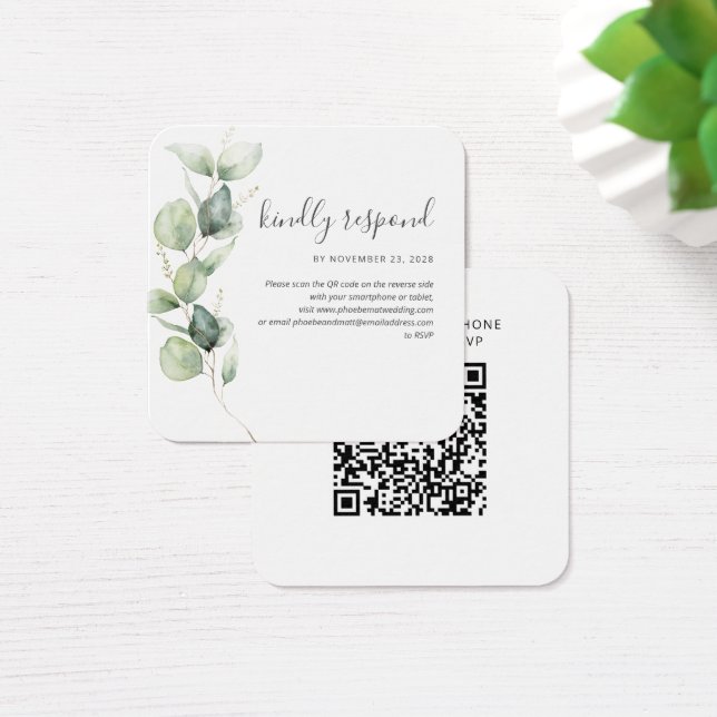 Eucalyptus-QR-Code-RSVP-Hochzeits-Webseite-Beilage (Schreibtisch)