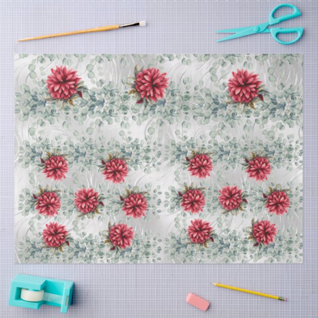 Eucalyptus & Red Flowers on  Faux Foil Decoupage  Seidenpapier (Basteln)