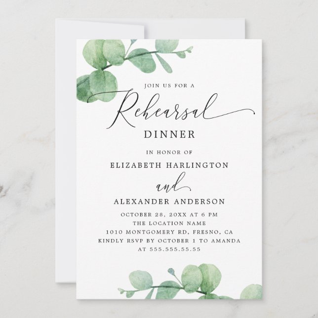 Eucalyptus Rehearsal Dinner. Elegant Script Garden Einladung (Vorderseite)