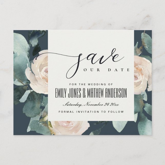EUCALYPTUS ROSE BLUSH NAVY KRAFT SAVE THE DATE ANKÜNDIGUNGSPOSTKARTE (Vorderseite)