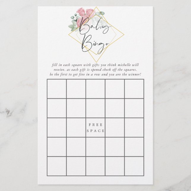 Eucalyptus Rose Geometric Baby Shower Baby Bingo (Vorderseite)
