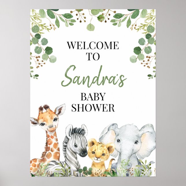 Eucalyptus Safari Animals Baby Dusche Begrüßungsze Poster (Vorne)