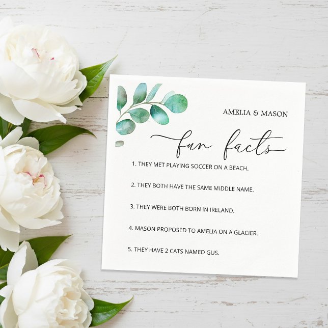 Eucalyptus Script Calligraphy Fun Facts Wedding Serviette (Eucalyptus Script Calligraphy Fun Facts Wedding Napkins)