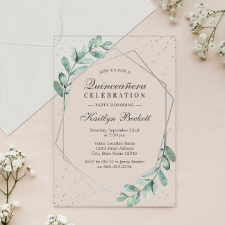 Eucalyptus Silver Geometric Quinceñera Geburtstag Acryleinladungen